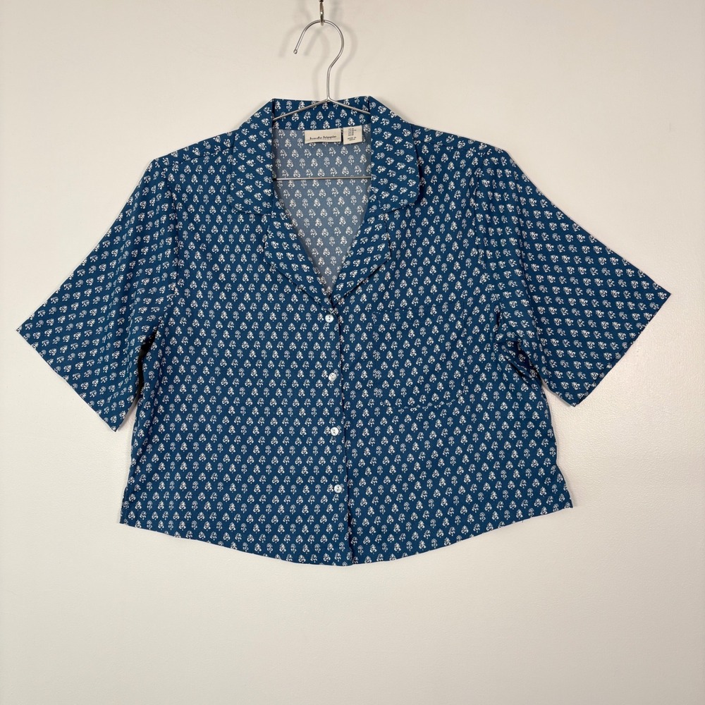 Haute Hippie Women Shirt M Blue White Block Print Cropped Short Sleeve Button Up